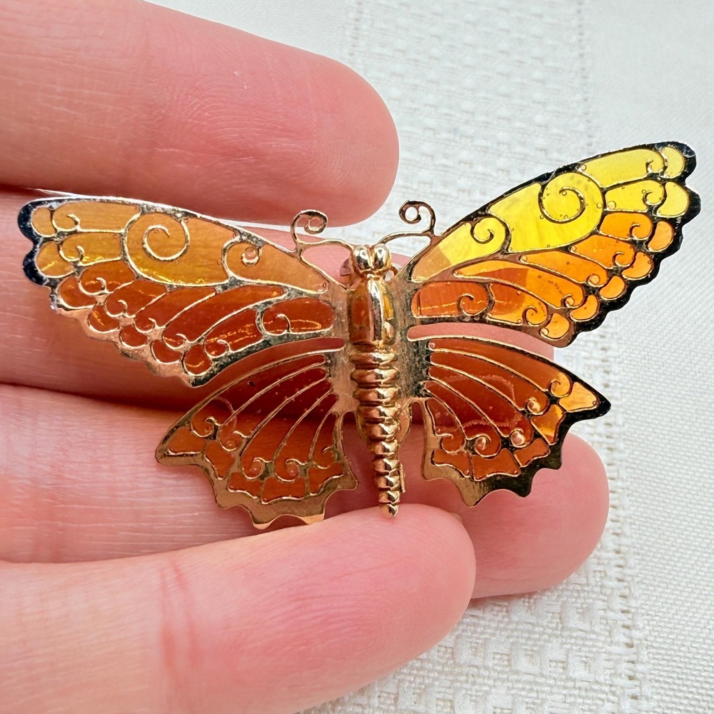 Vintage 70s Avon Orange Yellow Butterfly Wings w/ Stained Glass Effect Brooch